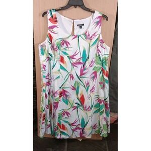 Roz & Ali Sz 22 Dressbarn White Pink Green Floral Flare‎ Summer Dress Sleeveless